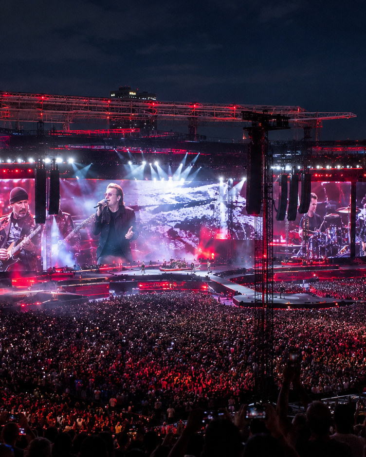 Estádio lotado durante show de rock, com telões e iluminação vermelha e branca (imagem ilustrativa)